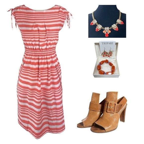 Geri G. Orange and White Tie Shoulder Striped Dress sz M - Picture 11 of 13